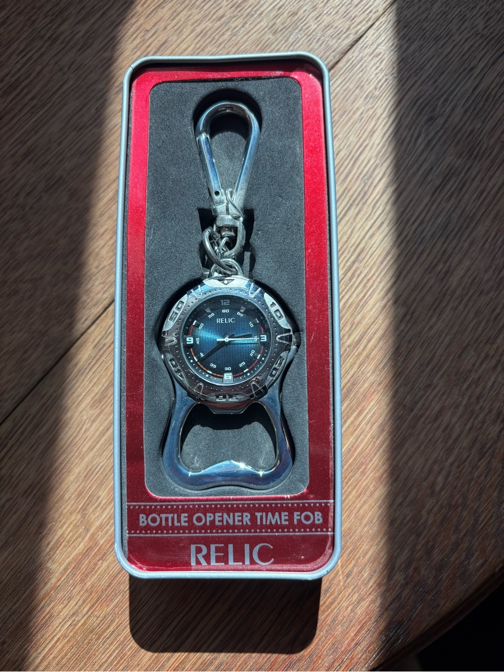 Relic Silver Bottle Opener Time Fob Keychain with Blue Dial